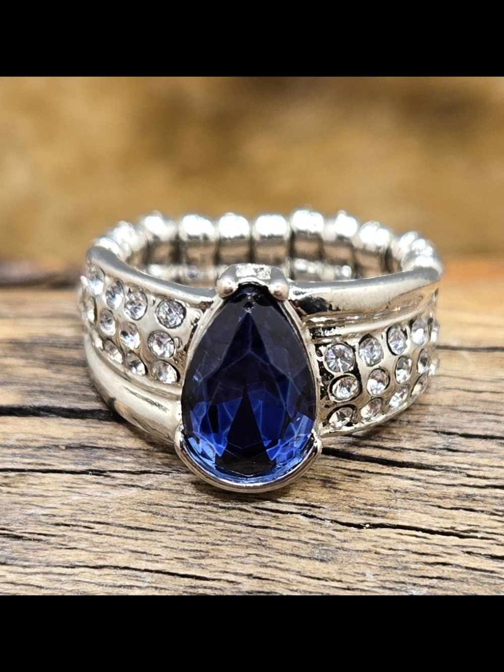 Adjustable Blue Glass Crystal Ring w/ Embedded Clear Stones Sizes 7-9